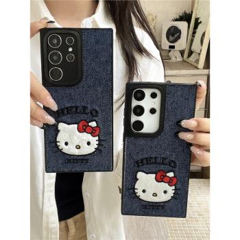 創意卡通刺繡KT貓適用於三星GalaxyS25手機殼S24/S22Ultra個性S22S21小眾防滑A55/A13/A23/A34/A05防摔保護套