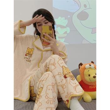 卡通睡衣女秋冬季珊瑚絨加絨加厚法蘭絨網紅款學生可愛家居服套裝