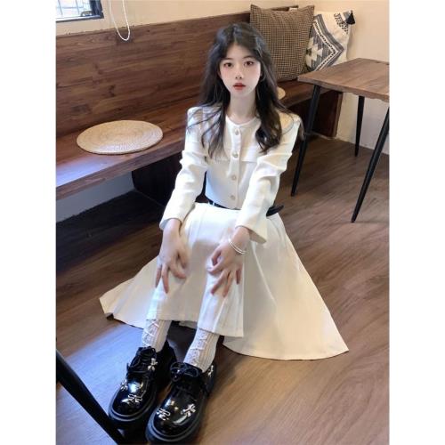 韓系女主小香風洋裝白色長袖學院風外套百褶長裙兩件套裝女秋裝款