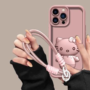 金屬漆天眼階梯適用蘋果16pro手機殼新款簡約iPhone11/12外殼可愛卡通鏡子補妝鏡支架矽膠全包防摔手機套女款