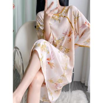 新中式棉綢睡衣女夏中袖睡裙大碼人造棉綿綢薄款寬松家居服中長裙