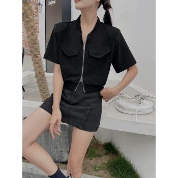 時尚設計感雙拉鏈墊肩短款外套女2024夏季顯瘦薄款風衣防嗮上衣