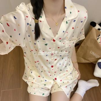 冰絲睡衣女夏季短袖彩色愛心甜美涼感高階感可愛可外穿卡通家居服