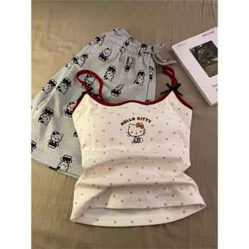 韓版甜美風卡通波點HelloKitty吊帶睡衣女夏季大碼短褲家居服套裝