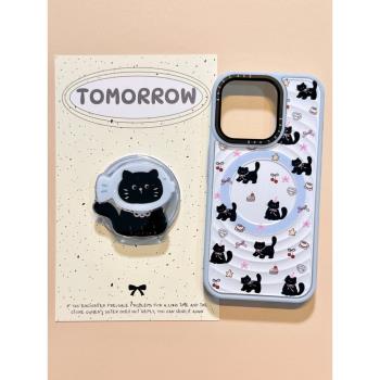 滿屏藍底蝴蝶結小黑貓磁吸支架適用蘋果16手機殼iPhone16promax新款15Pr硬殼15蘋果14防摔14Pro蘋果13保護套
