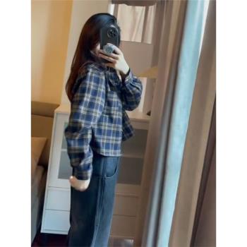 美式復古格子襯衫女短款外套2024新款長袖防嗮上衣高階感襯衣夏季