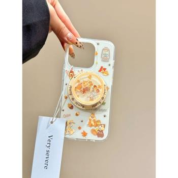可愛卡通楓葉小鹿斑比搖搖樂磁吸支架適用iphone16promax蘋果14手機殼15新款13少女心15pro雙層矽膠防摔軟殼