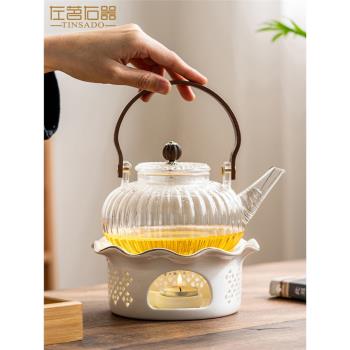 左茗右器日式玻璃茶壺蠟燭臺溫茶套裝家用耐高溫提樑壺加厚花茶壺