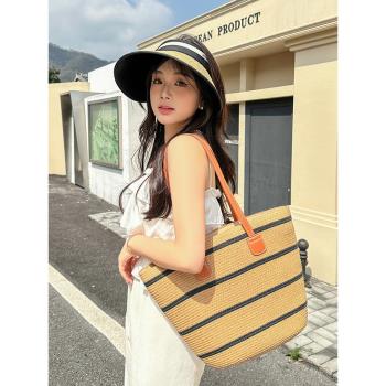 法式草編撞色線條單肩包海邊沙灘編織包出行通勤大容量手提托特包