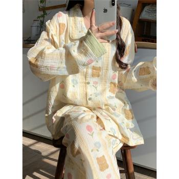 日系小熊印花睡衣女士春秋季純棉薄款寬松大碼長袖開衫家居服套裝