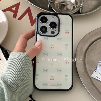 韓國ins小眾復古櫻桃絲帶蝴蝶結黑邊軟殼適用iphone16/15promax/14pro蘋果13/12/11全包16plus手機保護套