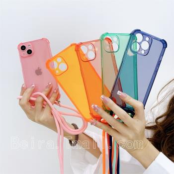 熒光色斜跨手機殼16適用iPhone15promax透明蘋果14plus矽膠13pro保護套12mini掛繩軟殼11掛脖xs/xr側背7/8