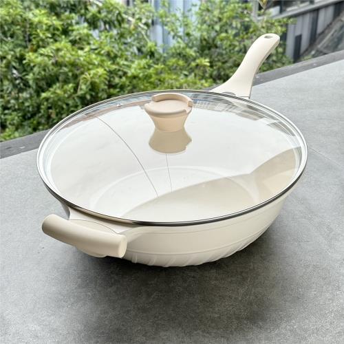 虞媽媽  瑕疵特價 200+品質 32cm陶瓷不粘平底炒鍋煎鍋大容量