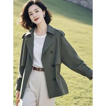 綠色短款收腰風衣外套女春秋2025新款春季女士休閑百搭設計感上衣