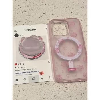 Hinlucky 可愛透粉滿屏kitty磁吸支架適用蘋果16手機殼iphone15promax新款14磨砂亞克力13防摔保護套15超好看