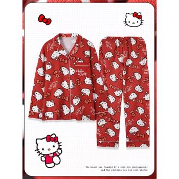 hellokitty睡衣女春秋季純棉本命年龍春秋款紅色凱蒂貓家居服套裝