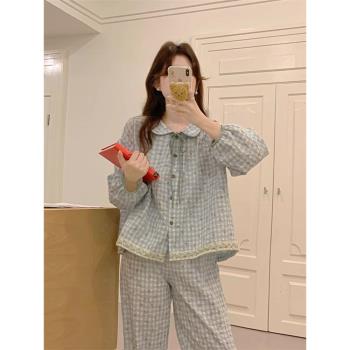 春秋款娃娃領格子睡衣女夏季長袖長褲家居服可外穿套裝薄藍色秋裝