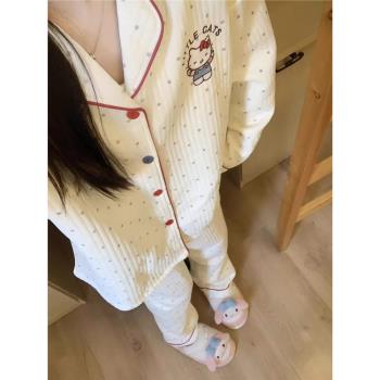 hellokitty可愛睡衣女冬季空氣棉夾層加厚保暖學生甜美波點家居服