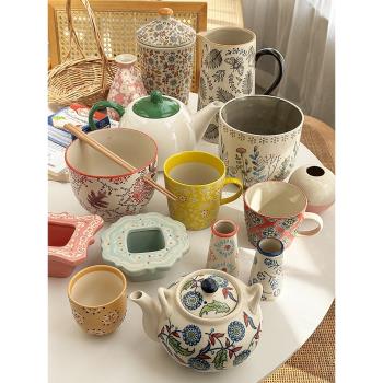 【更新】外貿出口北歐復古田園手繪重工陶瓷餐具茶壺裝飾花瓶擺件