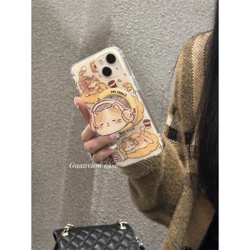 guanview ins韓風慵懶戴耳機貓咪磁吸支架殼15適用iPhone16ProMax蘋果14手機殼13趣味12雙層矽膠11可愛防摔套