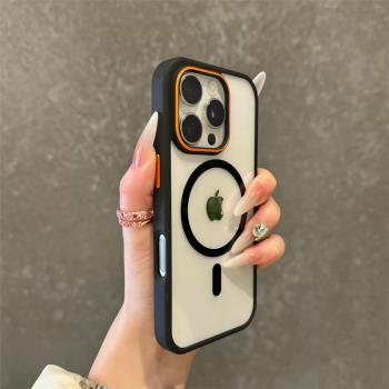 撞色鏡頭適用蘋果16promax手機殼Magsafe磁吸充電iPhone15Pro防摔14plus透明ip13保護套12pm男女簡約全包11