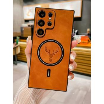 適用三星s21Plus復古皮紋手機殼s21Ultra鏡頭全包Magsafe磁吸充電