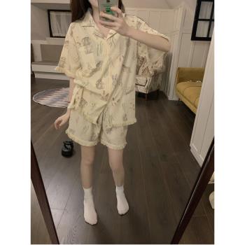 睡衣夏季女款短袖翻領流蘇網紅風可愛兔子ins休閑家居服夏天套裝