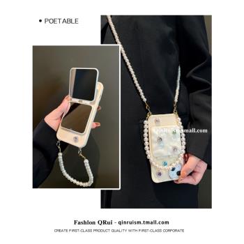 ins褶皺DIY寶石補妝鏡子適用蘋果14/2promax手機殼蘋果13小眾iPhone11軟殼xr/xs max手提斜挎鏈15pro max軟殼
