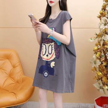 女生無袖背心T恤睡衣女夏季純棉中長款大碼胖mm寬松睡裙薄款200斤