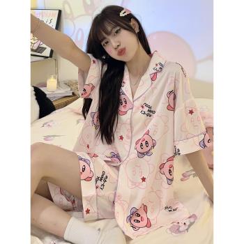 星之卡比冰絲睡衣女夏季短袖ins可愛網紅風模擬絲綢家居服兩件套