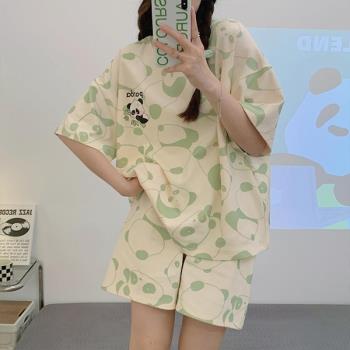 學生短褲純棉睡衣女短袖圓領夏季薄款簡約可愛熊貓寬松家居服套裝