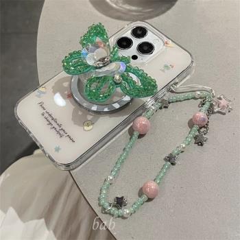 亮片蝴蝶磁吸支架殼適用蘋果15PRO/12手機殼14pm/13mini鏈條xs max創意iPhone 11全包XR/65輕奢8plus矽膠SE3