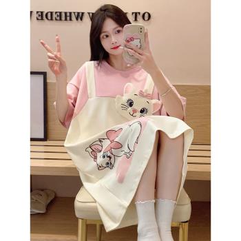 瑪麗貓純棉睡裙女款夏季甜美可愛少女中長款全棉小貓咪睡衣家居服