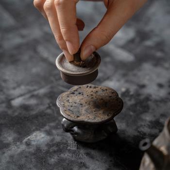 禪意粗陶蓋置紫砂茶壺鐵銹蓋託日式茶具配件零配創意擺件日本茶道