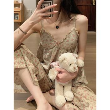 帶胸墊睡衣女士夏款甜美可愛純棉吊帶家居服夏季短袖長褲夏天套裝