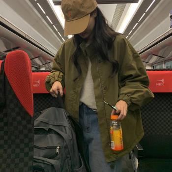 韓國chic2024秋季寬松大碼簡約半高領休閑百搭拉鏈寬松風衣外套女