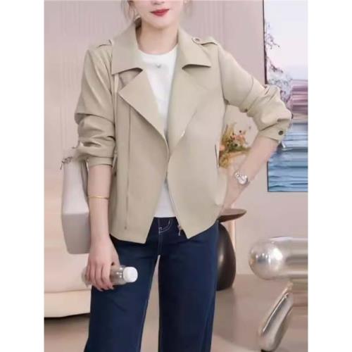 2025春秋季新款女士休閑時尚翻領夾克上衣通勤百搭卡其風衣短外套