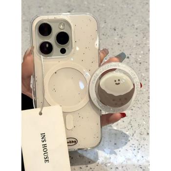 Hinlucky 韓系簡約白底潑墨椰子磁吸支架適用蘋果16手機殼iphone15promax新款14雙層13防摔保護套12超好看ins