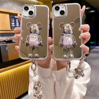 銀色鏡面適用蘋果16PRO珠子暴力熊支架手機殼iPhone12/11防摔亞克力套