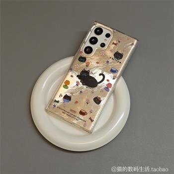 秋冬花朵黑貓適用三星s24ultra手機殼矽膠韓系女生s23u防摔外殼galaxys25+主題殼保護套22新款全包超薄創意