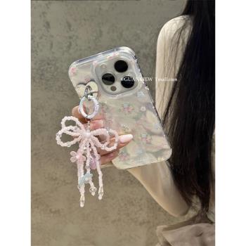 guanview ins超仙法式撞色蝴蝶結花朵掛件適用iPhone15ProMax蘋果14手機殼13小眾氣質12矽膠13Pro新款防摔套
