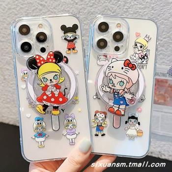 日韓可愛卡通12變裝女孩米妮KT貓13無線充電磁吸Magsafe蘋果15/14手機殼適用iPhone16promax支架透明保護套11