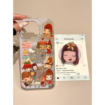 亮片閃粉奈良美智女孩旋轉花朵磁吸支架適用於iphone16promax蘋果14手機殼15新款15pro女16矽膠13pm防摔軟殼