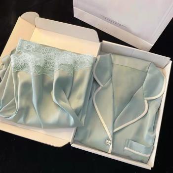 睡衣女士夏季薄款冰絲短袖短褲夏天模擬絲綢家居服女開衫外穿套裝