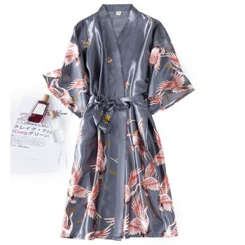 女春秋夏季仙鶴冰絲和服情侶睡衣