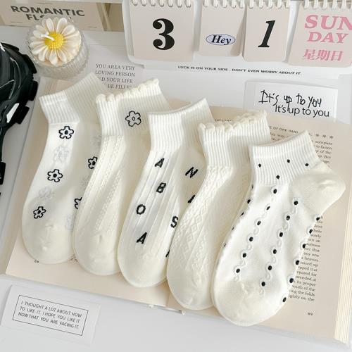 黑色小花反織襪子女奶白短襪春夏純棉薄款透氣船襪甜美日系運動風