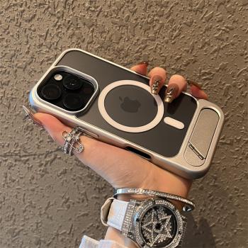 氣質銀磁吸金屬支架適用蘋果16promax手機殼新款蘋果16pro套iphone16高階感蘋果15矽膠蘋果13防摔14男12女Pro