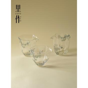 裡作高檔松鶴紋玻璃六角公道杯精緻手工透明分茶器新中式耐熱茶海