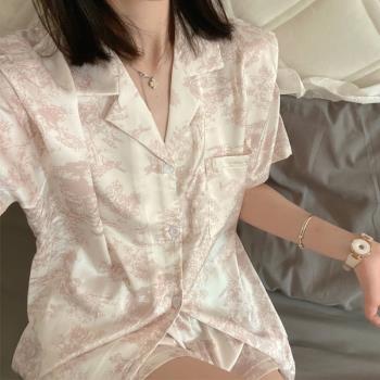 睡衣女夏季短袖冰絲韓版學生可愛薄款寬松家居服分體兩件套可外穿