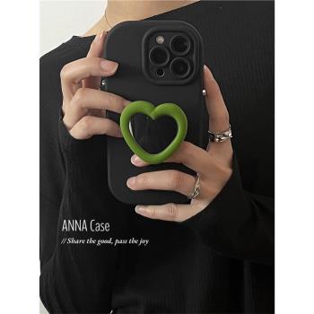 ANNACASE小眾黑色茶綠愛心鏡子支架適用iphone16promax蘋果15手機殼14新款12pro矽膠全包13Promax防摔保護套
